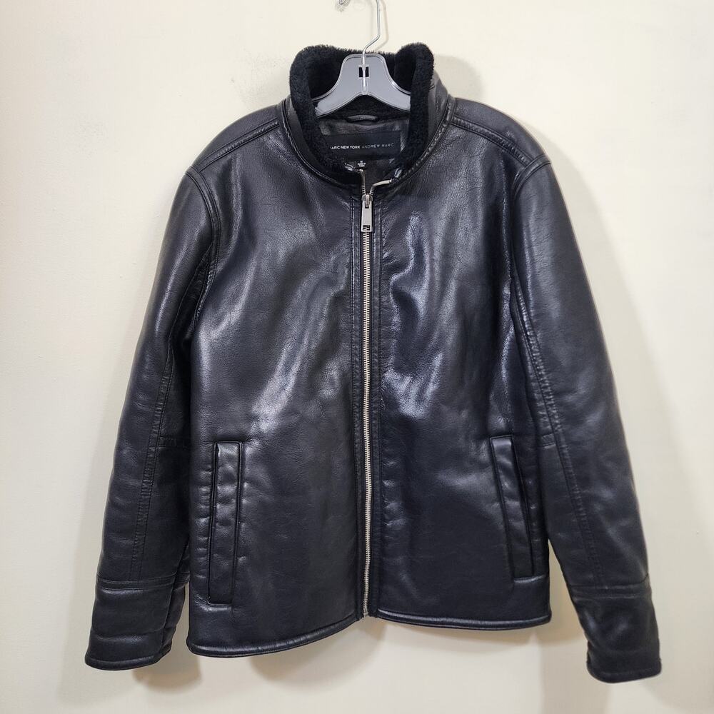 Marc New York - Andrew Marc black vegan leather faux fur lined jacket men's sz M